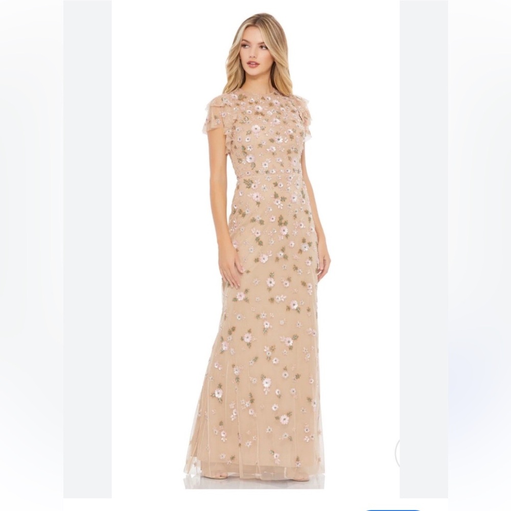 Mac Duggal Tan Floral Maxi Dress